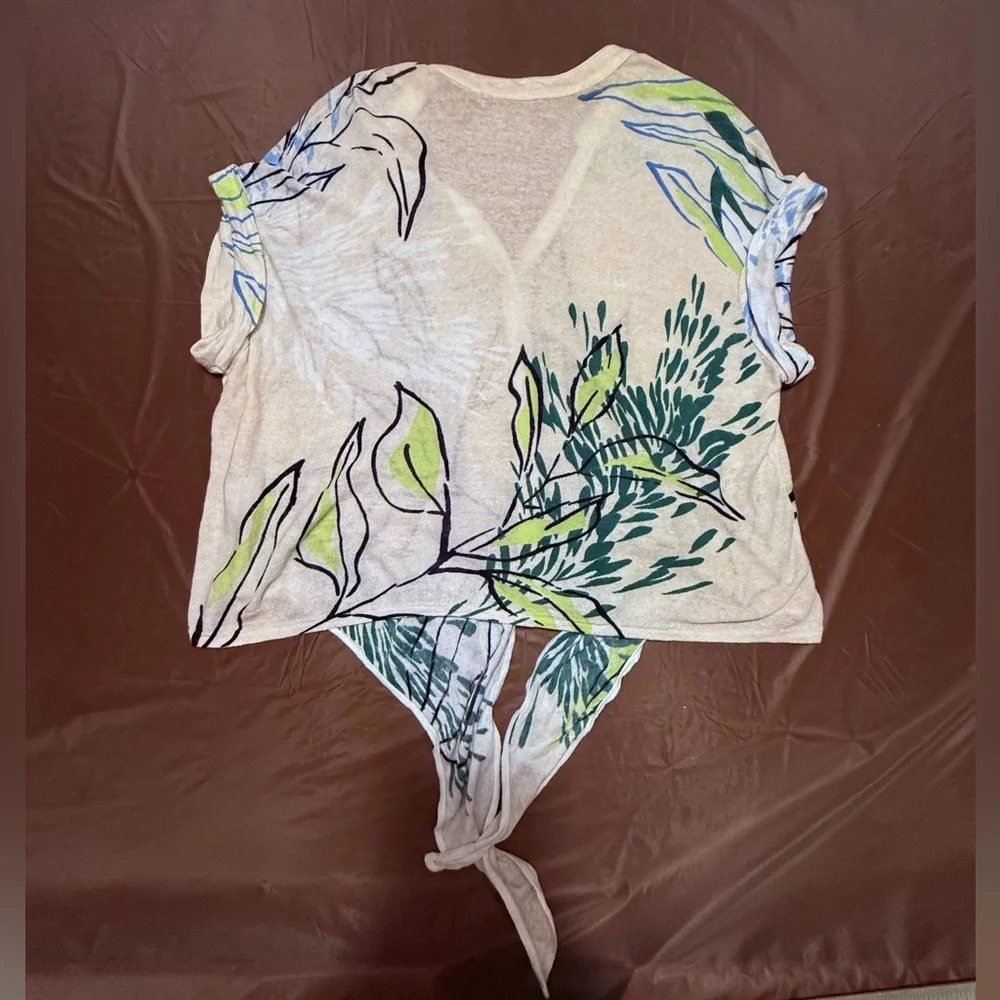 NIC+ZOE Cream/Green Waterfront Short Sleeve Button Tie Sweater Top Medium $128 - Picture 3 of 11